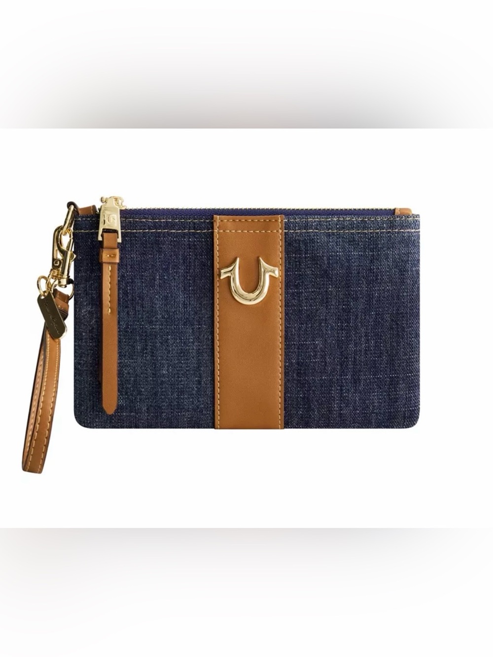 True Religion Denim Wristlet with Tan Leather Accent